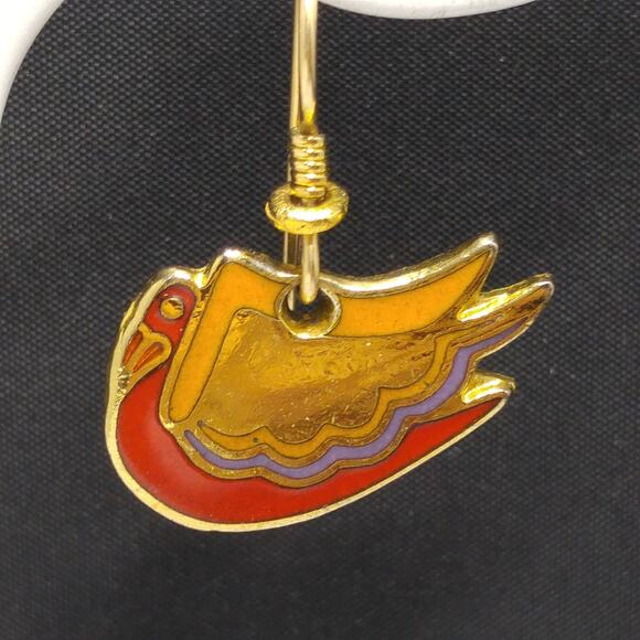 Laurel Burch "Wild Swan" Bird Earrings, Gold Plated, Enamel Cloisonne, 1980s - Picture 3 of 10
